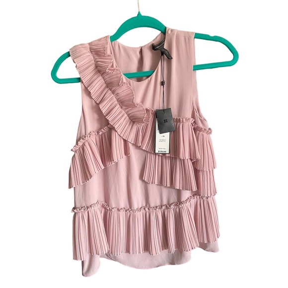 NWT $178 BCBG Maxazria Lorain Pleated Ruffle Applique Top Size XS Pink - Picture 2 of 6